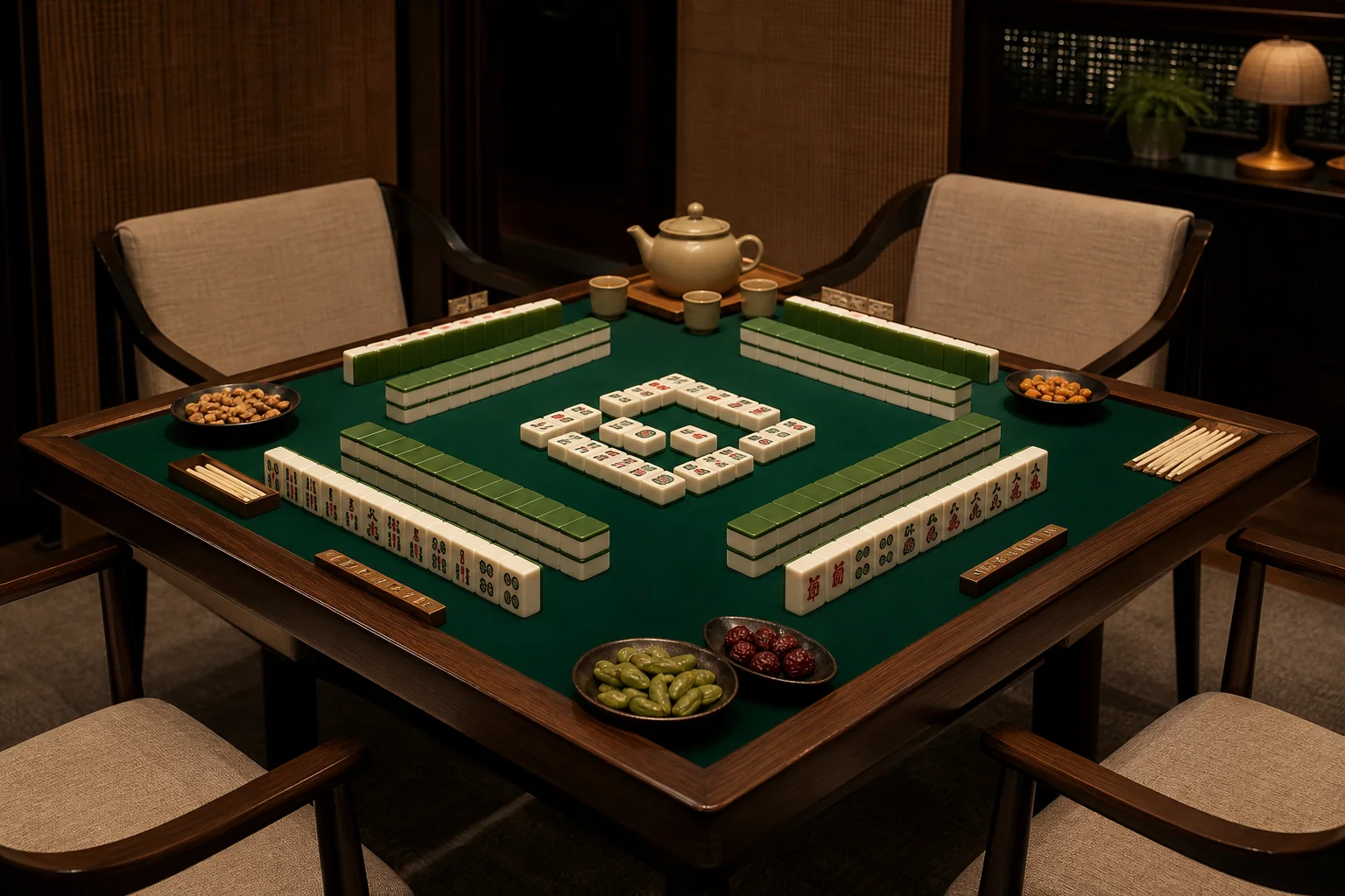 Complete mahjong table with four player racks and tea service