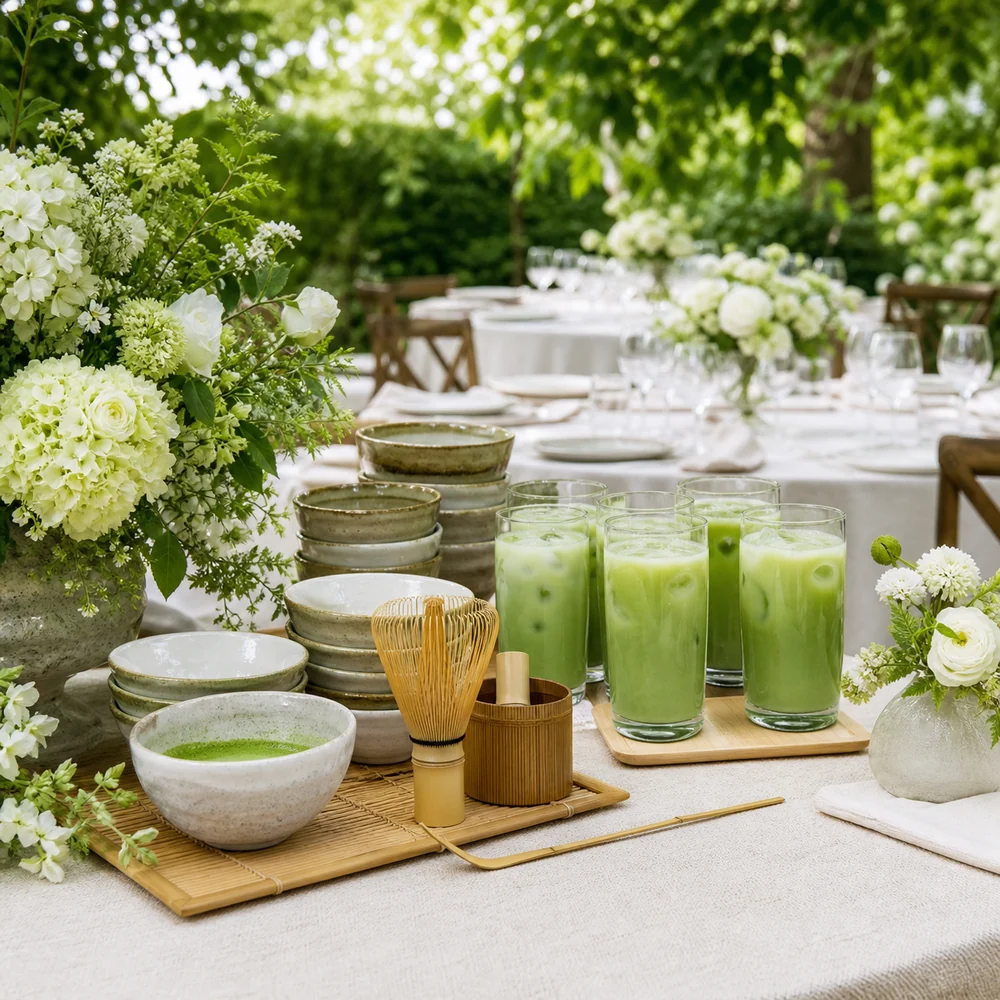 Matcha service at an outdoor garden wedding
